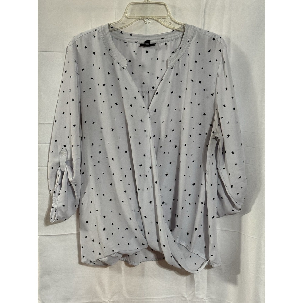 A.N.A. Womens Blouse Size XXL White Black Polka Dot V Neck Twist Hem Top
